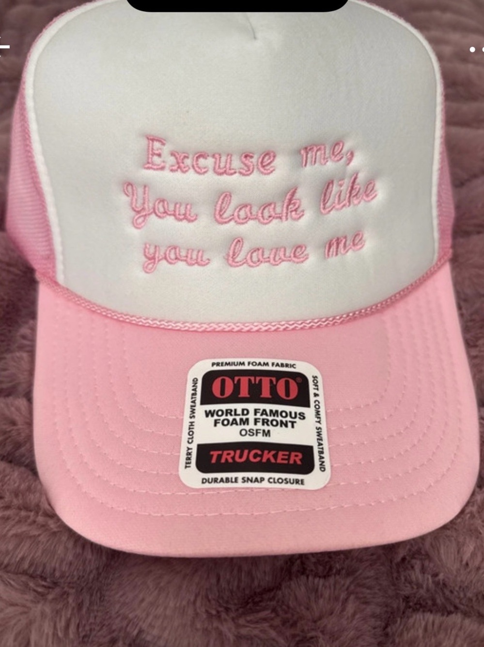 OTTO Pink and White Embroidered Trucker Cap Excuse me you look like you love me